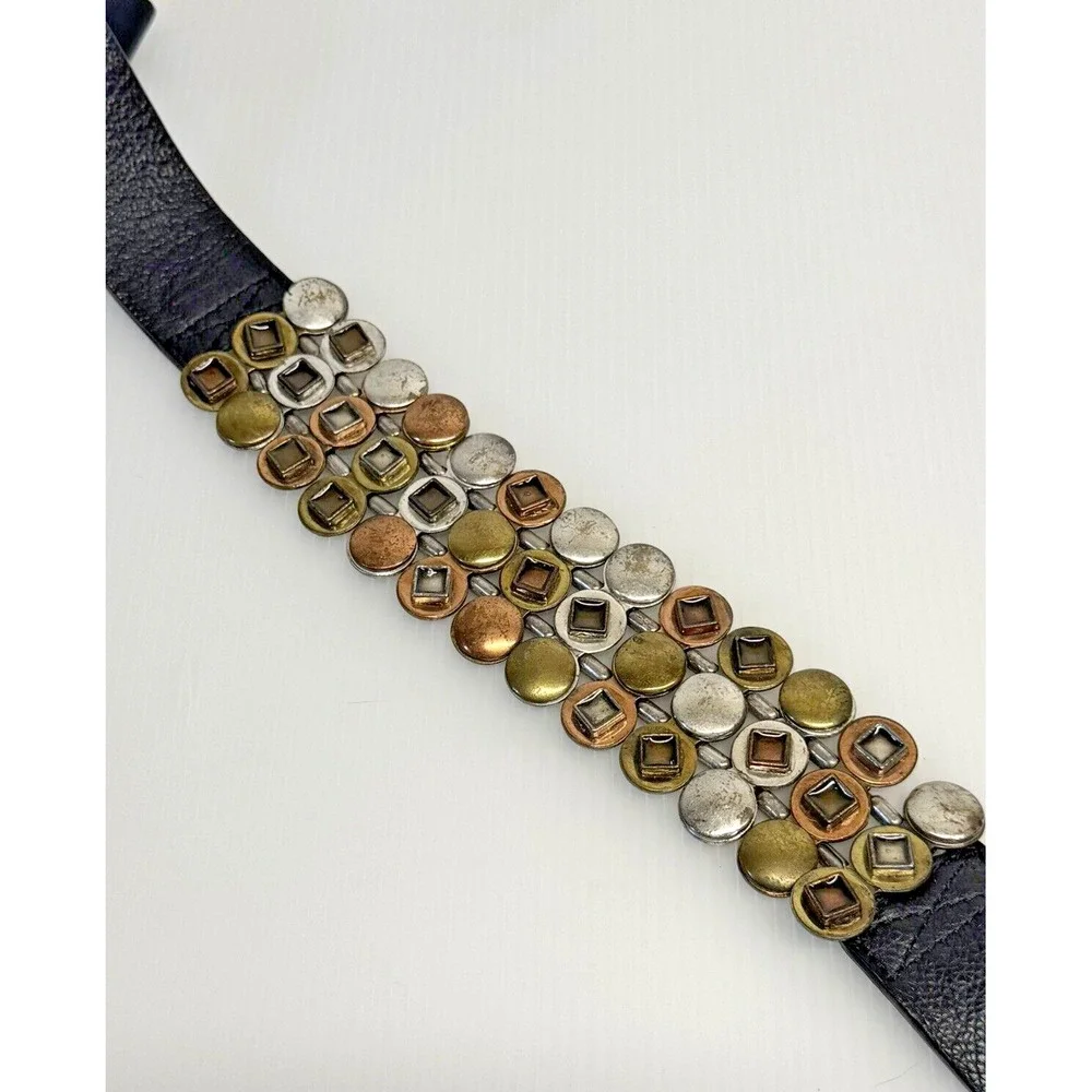 Chico's Medallion Belt Womens M Navy Blue Mixed Metal Studded Boho Cinch Leather